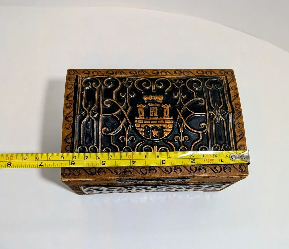 Vintage Kraków Wooden Box Castle Motif Metal Inlay Souvenir with Matching Key